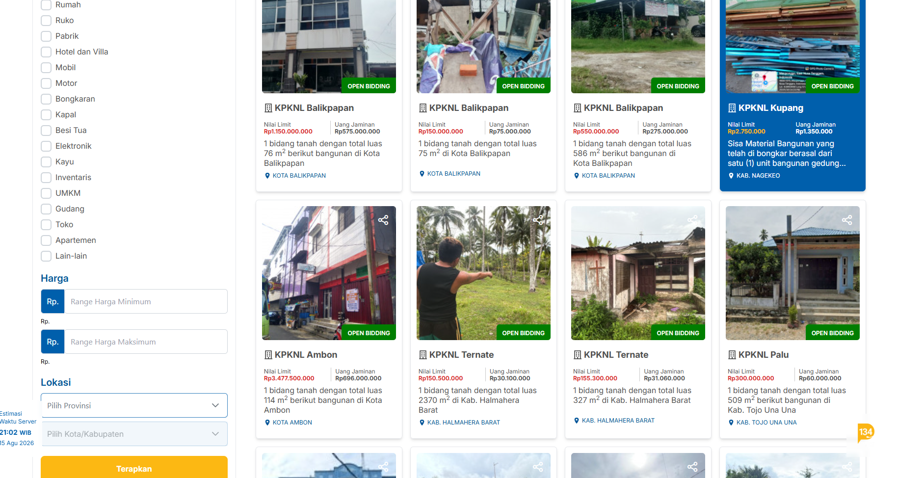 Auction listing and filtering interface